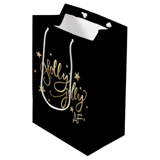 Holly Jolly AF | Glanzend Goud Faux Folie Script Medium Cadeauzakje (Voorkant Gekanteld)