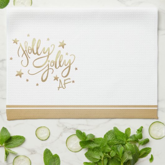 Holly Jolly AF | Glanzend Goud Faux Folie Script Theedoek (Gevouwen)