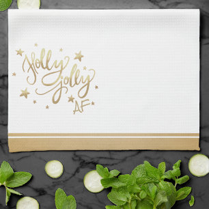 Holly Jolly AF Glanzend Goud Faux Folie Script Theedoek