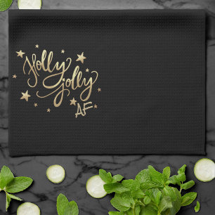 Holly Jolly AF   Glanzend Goud Faux Folie Script Theedoek