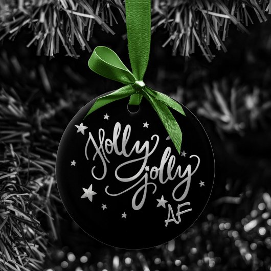 Holly Jolly AF | Glanzend Silver Faux Folie Script Keramisch Ornament