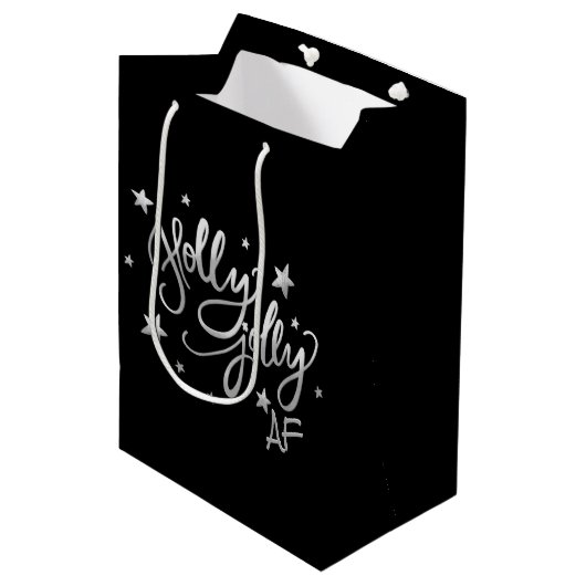 Holly Jolly AF | Glanzend Silver Faux Folie Script Medium Cadeauzakje (Voorkant Gekanteld)