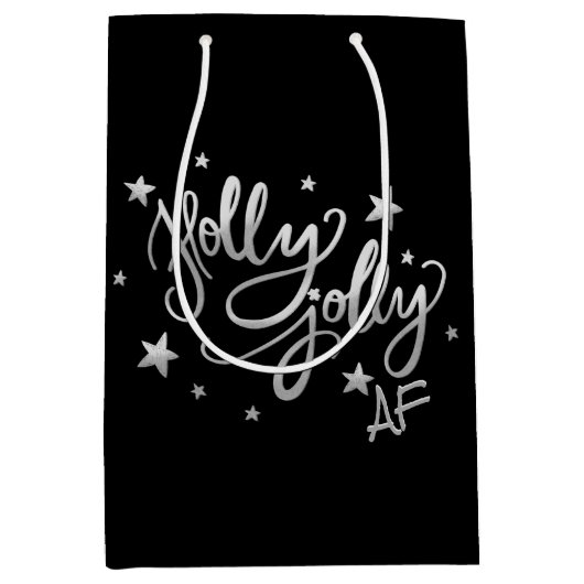 Holly Jolly AF | Glanzend Silver Faux Folie Script Medium Cadeauzakje (Voorkant)