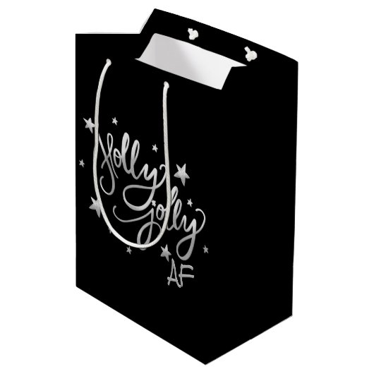 Holly Jolly AF | Glanzend Silver Faux Folie Script Medium Cadeauzakje (Achterkant Gekanteld)