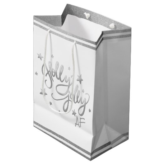 Holly Jolly AF | Glanzend Silver Faux Folie Script Medium Cadeauzakje (Voorkant Gekanteld)