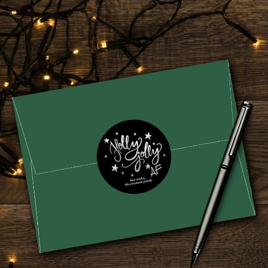 Holly Jolly AF | Glanzend Silver Faux Folie Script Ronde Sticker