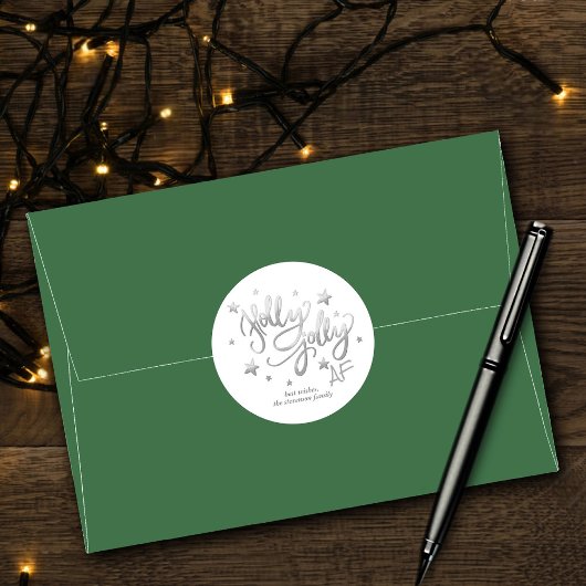 Holly Jolly AF | Glanzend Silver Faux Folie Script Ronde Sticker