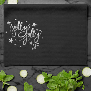 Holly Jolly AF Glanzend Silver Faux Folie Script Theedoek