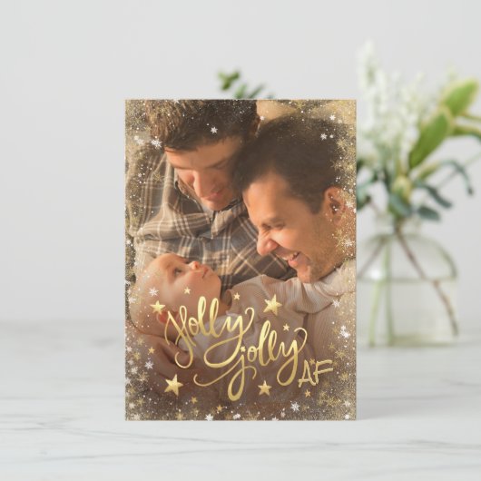 Holly Jolly AF | Glanzende Faux Folie Gold 2 Foto Feestdagenkaart (Staand voorkant)