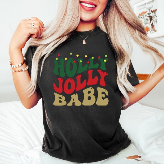 Holly Jolly Babe Retro Groovy Kerstmis Zwart T-shirt