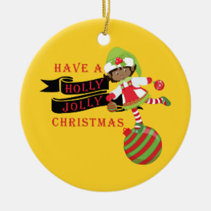 Holly Jolly Black African American Kerstmis Elf Keramisch Ornament