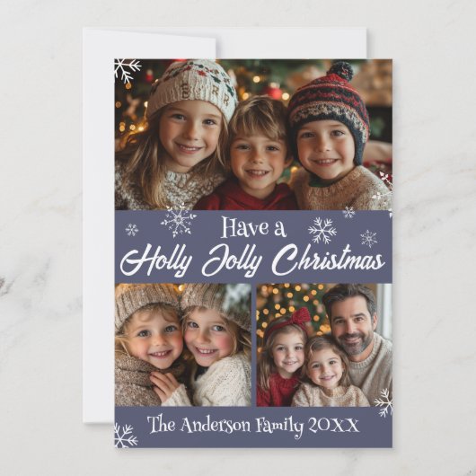 Holly Jolly Blauw en Wit Kerstfoto Feestdagenkaart (Voorkant)