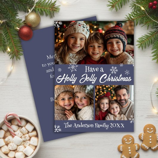 Holly Jolly Blauw en Wit Kerstfoto Feestdagenkaart