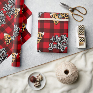 Holly Jolly Buffalo Plaid Kerstmis & Luipaard Boge Cadeaupapier