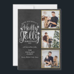 Holly Jolly Chalkboard 3 Fotocollage Feestdagenkaart<br><div class="desc">Een stijlvol Holly Jolly 3 fotocollage vakantieontwerp voor u om te personaliseren met uw favoriete foto's in gouden lijsten,  bericht,  namen en jaar op een krijtbordachtergrond. Op de achterkant staan vallende sneeuwvlokken op een bijpassende krijtbordachtergrond. Ontworpen door Thisnotme©</div>