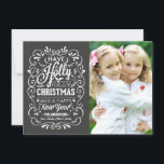 Holly Jolly Christmas Chalkboard Fotokaart Feestdagenkaart<br><div class="desc">Festive and folksy curly chalk-art style Christmas Holiday greetings foto template on trendy flat cards. Whimsical chalkboard style swirly frame with white typography and retro mix of hand-lettered styles, decorated with frosty foliation and holly berries. Add your favorite fotofamilie and customize the text. Modern way to send happy winter day...</div>