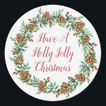 Holly Jolly Christmas Pine Cone krans Ronde Sticker<br><div class="desc">Holly jolly kerst dennenappel krans stickers voor uw geschenken,  of envelop afdichtingen voor uw vakantie wenskaarten.</div>