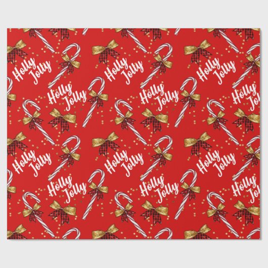 Holly Jolly Christmas Red Candy Cane Gold Bows Cadeaupapier (Vlak)