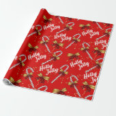 Holly Jolly Christmas Red Candy Cane Gold Bows Cadeaupapier (Uitgerold)