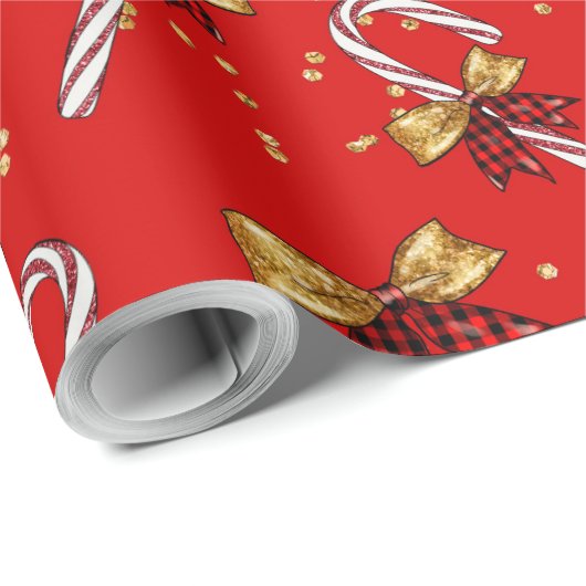 Holly Jolly Christmas Red Candy Cane Gold Bows Cadeaupapier (Rol Hoek)