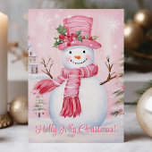 Holly Jolly Christmas Schattige Roze Sneeuwman Feestdagen Kaart
