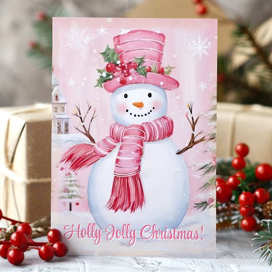 Holly Jolly Christmas Schattige Roze Sneeuwman Feestdagen Kaart