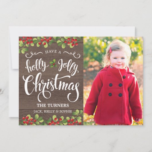 Holly Jolly Christmas Script - Rustieke houtnerf Feestdagenkaart (Voorkant)