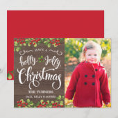 Holly Jolly Christmas Script - Rustieke houtnerf Feestdagenkaart (Voorkant / Achterkant)