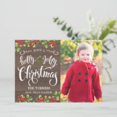 Holly Jolly Christmas Script - Rustieke houtnerf Feestdagenkaart (Staand voorkant)