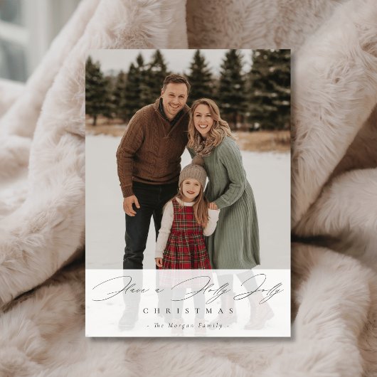 Holly Jolly Christmas Script Snowy Family Photo Feestdagenkaart
