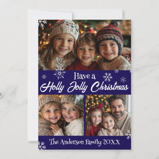 Holly Jolly Classic Blauw en Wit Kerstfoto Feestdagenkaart (Voorkant)