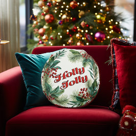 "Holly Jolly" Decoratief Kerstscript & Holly Rond Kussen