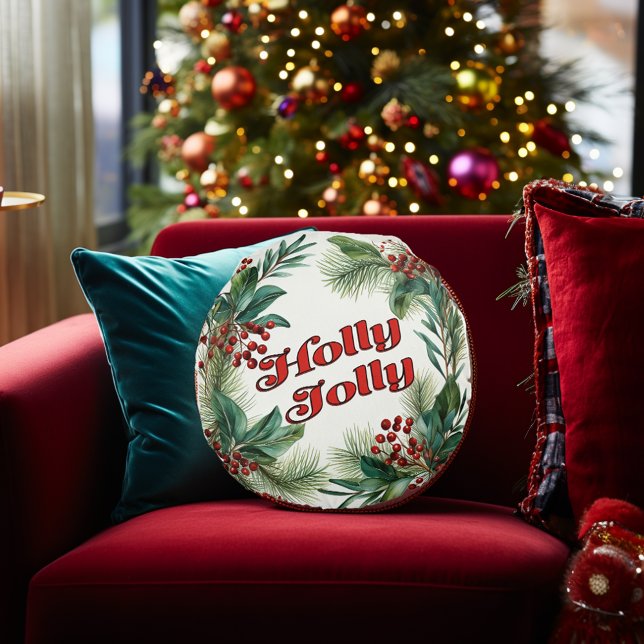 "Holly Jolly" Decoratief Kerstscript & Holly Rond Kussen (Festive Merry Christmas "Holly Jolly" Round Christmas Script Pouf Pillow
)