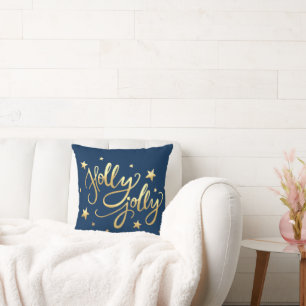 Holly Jolly   Elegant Goud Faux Folie Script Blauw Kussen