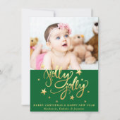 Holly Jolly | Elegant Goud Faux Folie Script Foto Feestdagenkaart (Voorkant)