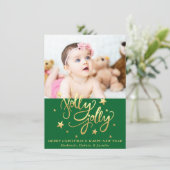 Holly Jolly | Elegant Goud Faux Folie Script Foto Feestdagenkaart (Staand voorkant)