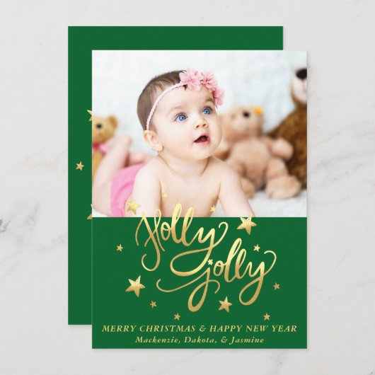 Holly Jolly | Elegant Goud Faux Folie Script Foto Feestdagenkaart (Voorkant / Achterkant)