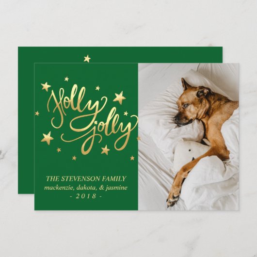 Holly Jolly | Elegant Goud Faux Folie Script Foto Feestdagenkaart (Voorkant / Achterkant)