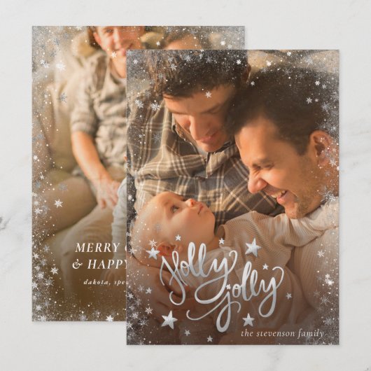 Holly Jolly | Elegant Silver Faux Foil 2 Foto Feestdagenkaart (Voorkant / Achterkant)