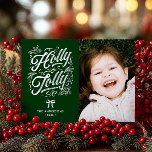 Holly Jolly Familienaam & Foto Kerstmis Feestdagenkaart