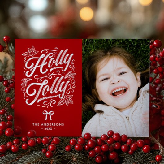 Holly Jolly Familienaam & Foto Kerstmis Feestdagenkaart