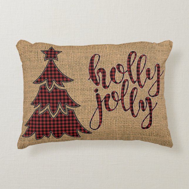 holly jolly FAUX jute, geruite boom kussen (Voorkant)