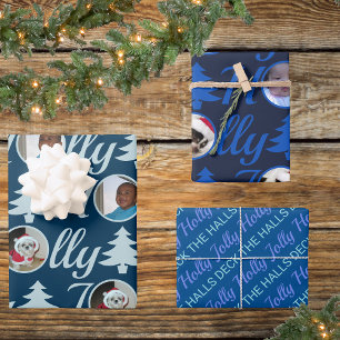 Holly Jolly Foto Collage Dark Blue Kerstmis Inpakpapier Vel