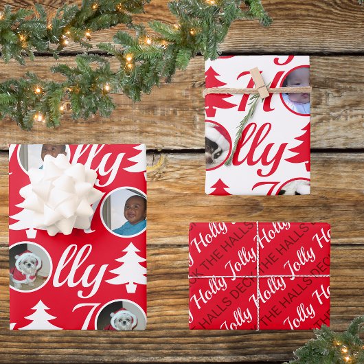 Holly Jolly Foto Collage Red White Kerstmis Inpakpapier Vel