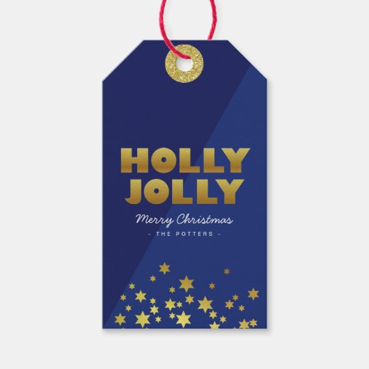 Holly Jolly | Fun Christmas Blue & Gold Cadeau Lab Cadeaulabel (Voorkant)