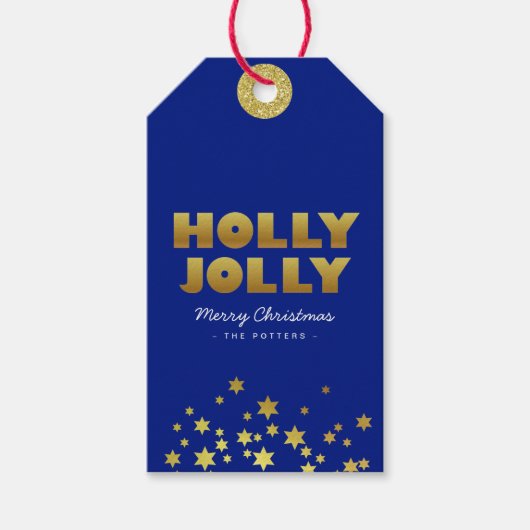 Holly Jolly | Fun Christmas Blue & Gold Cadeau Lab Cadeaulabel (Voorkant)