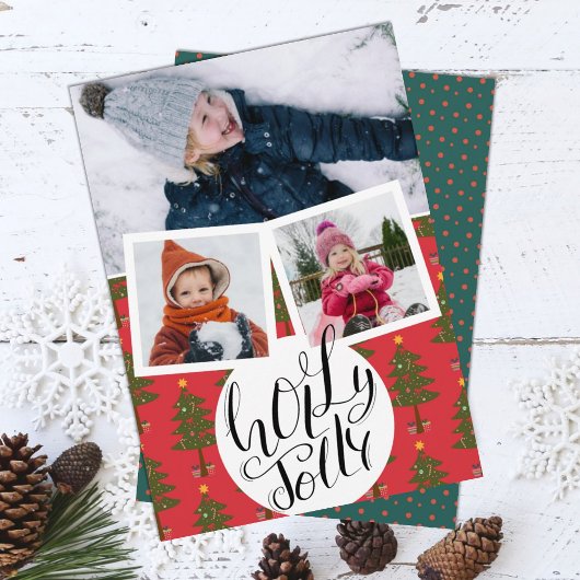 Holly Jolly Fun Script-kerstinboomfoto Feestdagenkaart