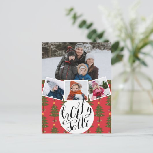 Holly Jolly Fun Script-kerstpuntenboom Festive Feestdagenkaart (Staand voorkant)