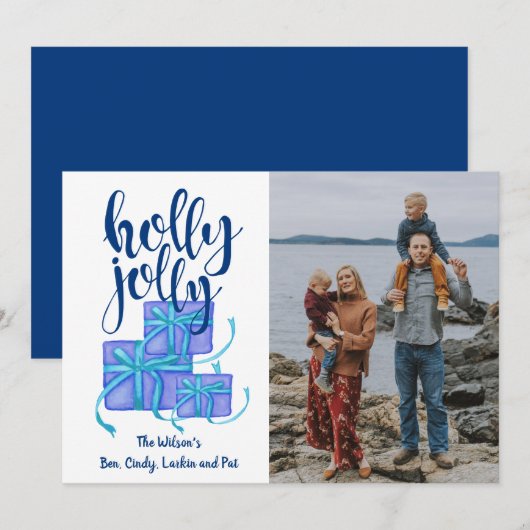 Holly Jolly Gifts Blue Custom Photo Holiday Kaart (Voorkant / Achterkant)