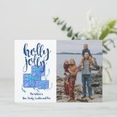 Holly Jolly Gifts Blue Custom Photo Holiday Kaart (Staand voorkant)